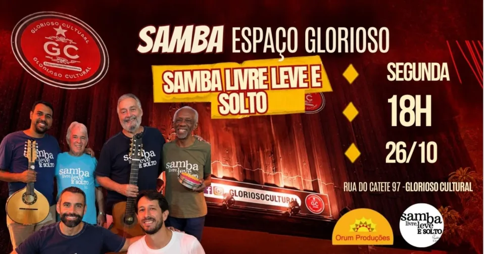 Cartaz da roda Samba Livre, Leve e Solto com Paulão 7 Cordas no Glorioso Cultural, Catete, 26/10